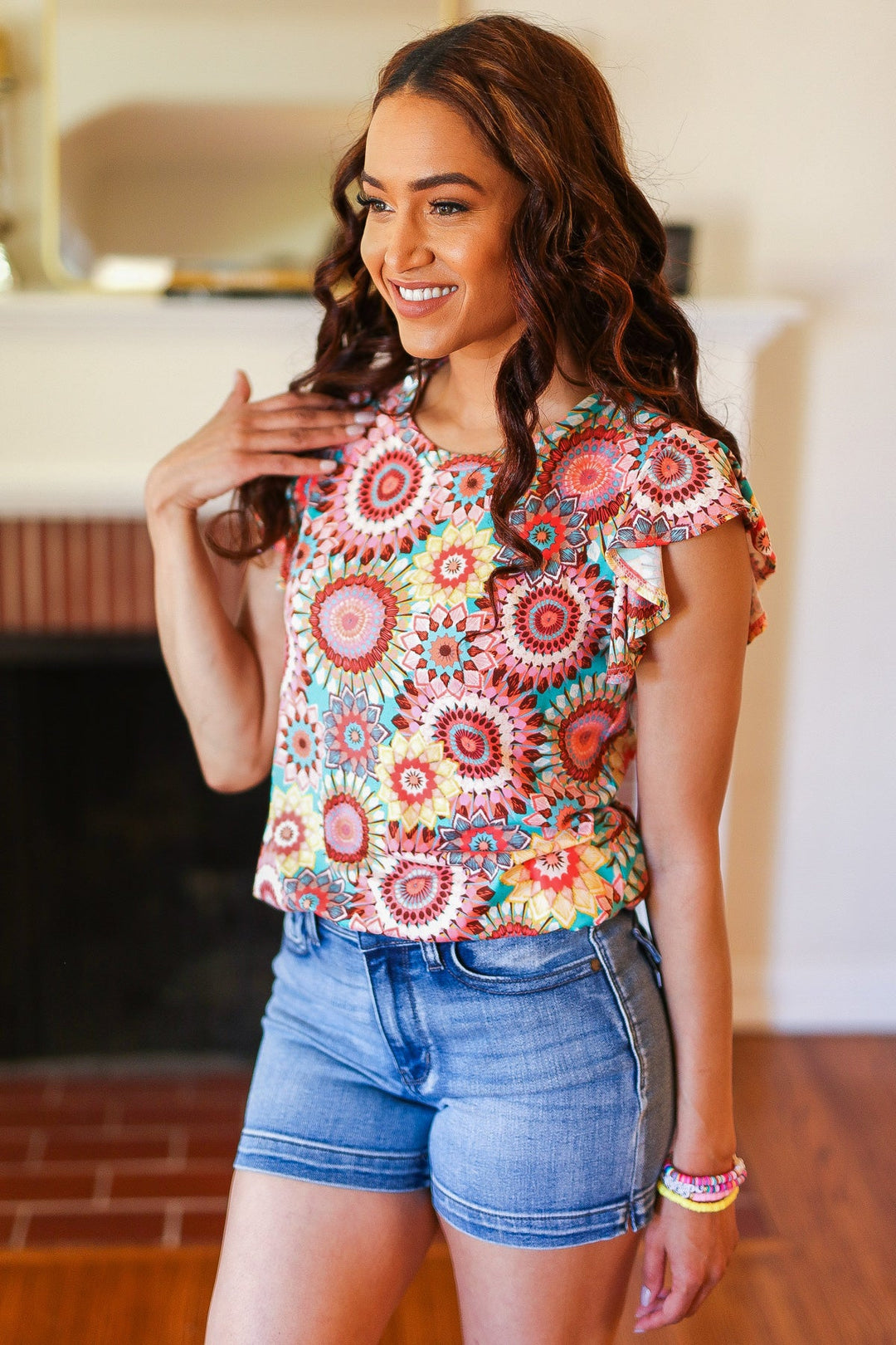 You Got This Mint Medallion Crochet Print Ruffle Sleeve Top