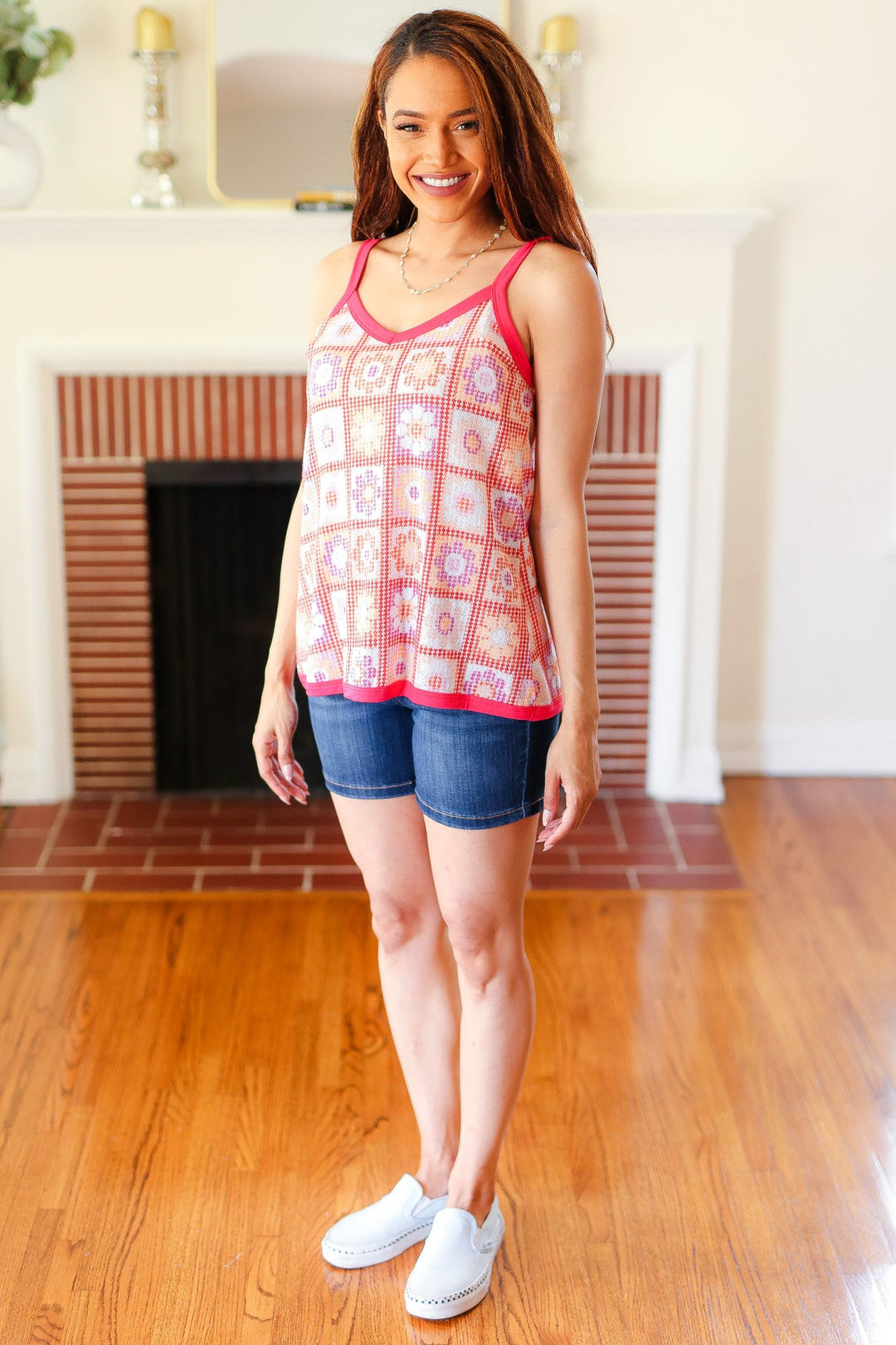 Coral Flower Power Waffle Knit Sleeveless Top
