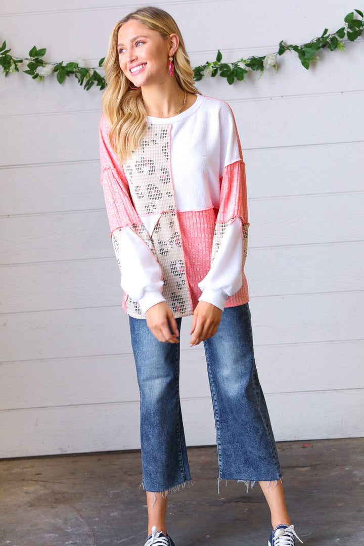 Coral & Leopard Two-Tone Color Block Top