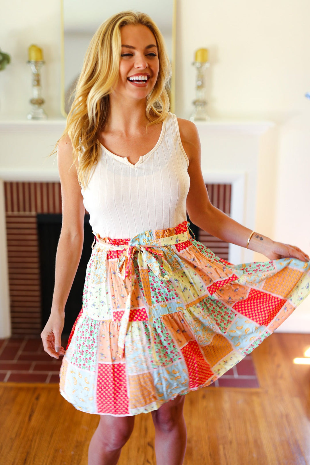 Multicolor Patchwork Two-Fer Rib Elastic Waist Belted Dress