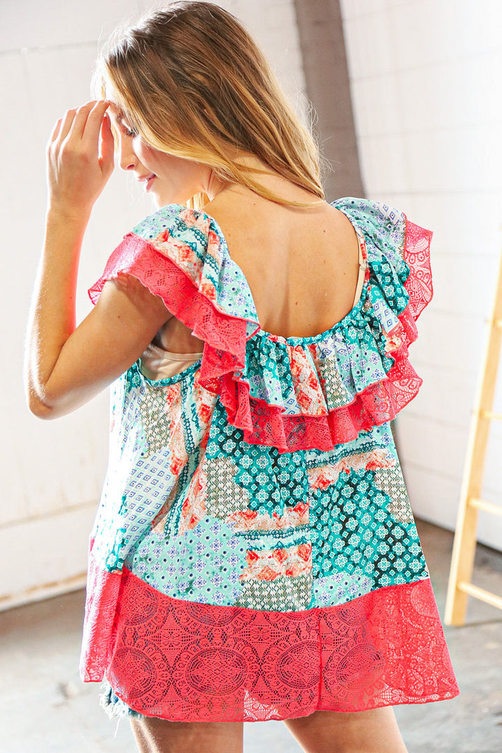 Coral Ethnic Print Lace Ruffle Hem Top