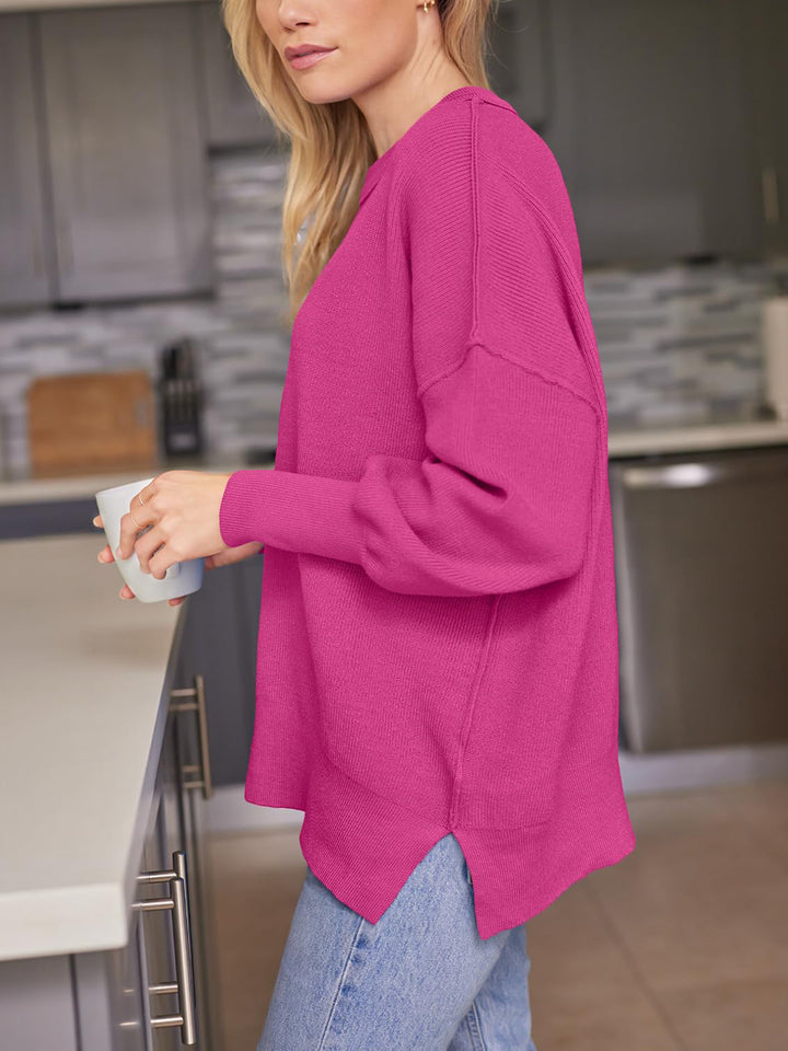 Slit Round Neck Dropped Shoulder Sweater