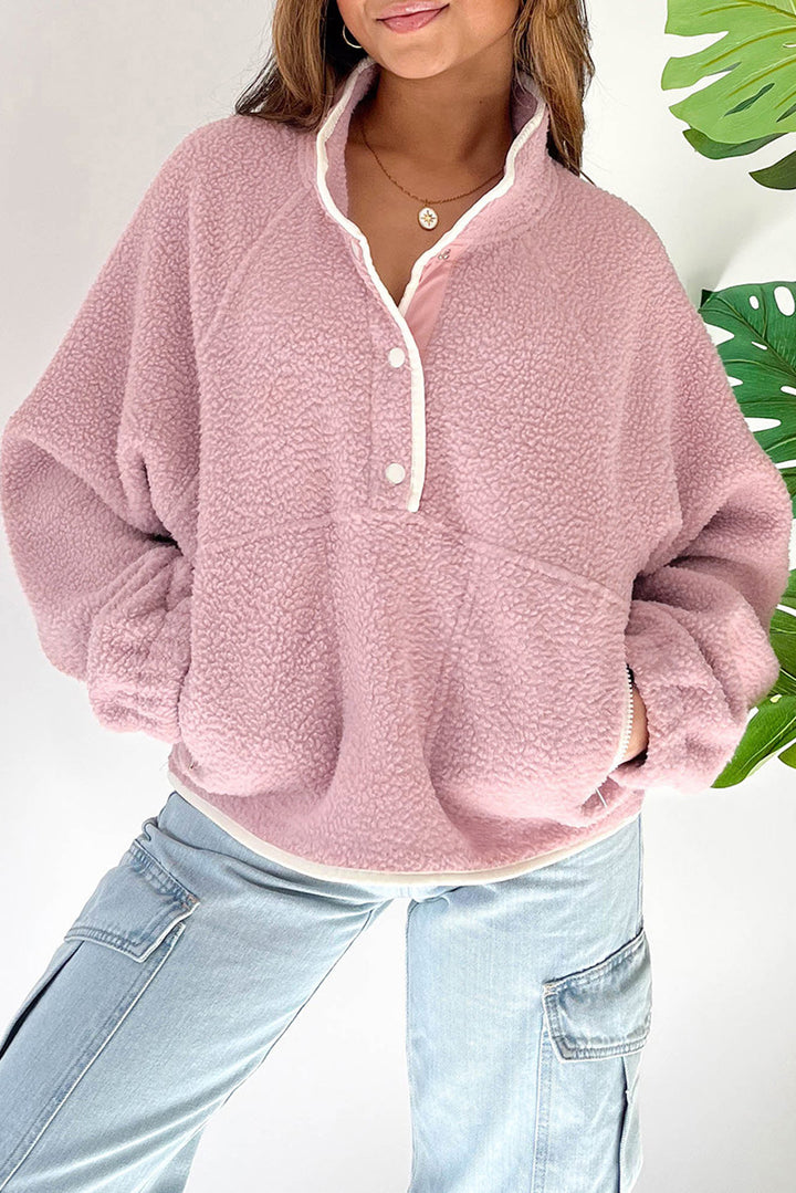Half Snap Long Sleeve Sweatshirt with Side Slit Pockets