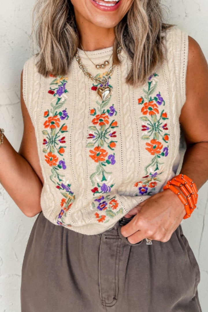 Embroidered Cable-Knit Round Neck Sweater Vest