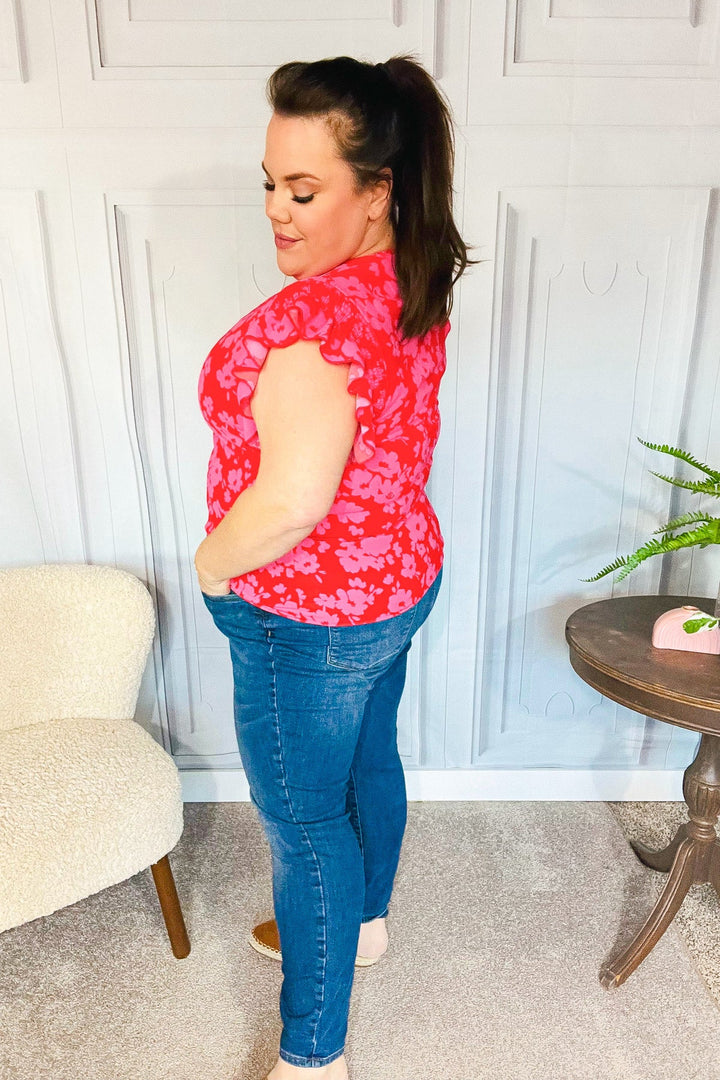 All The Frills Red & Fuchsia Floral Smocked Ruffle Sleeve Top