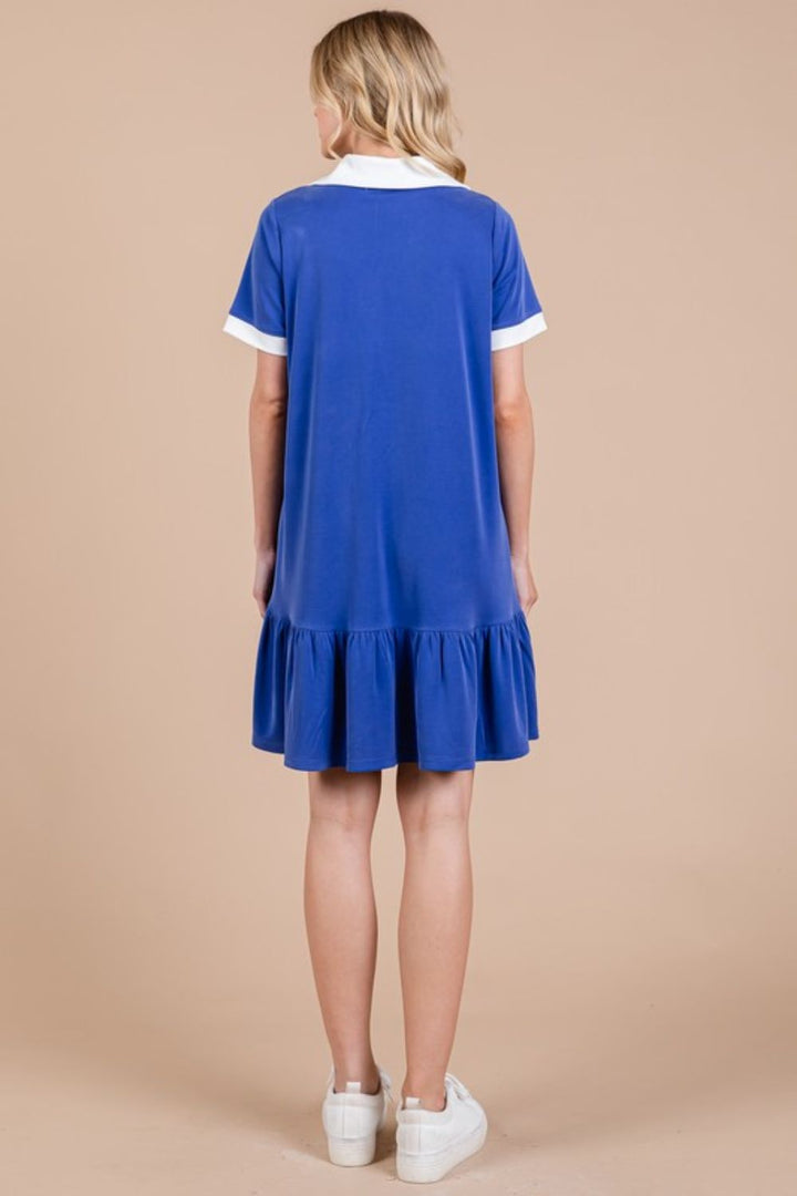 Ces Femme Ruffled Hem Johnny Collar Short Sleeve Dress