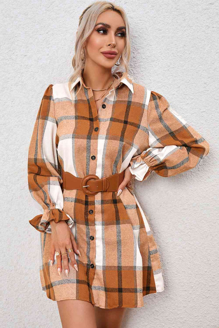 Plaid Collared Neck Flounce Sleeve Shirt Dress
