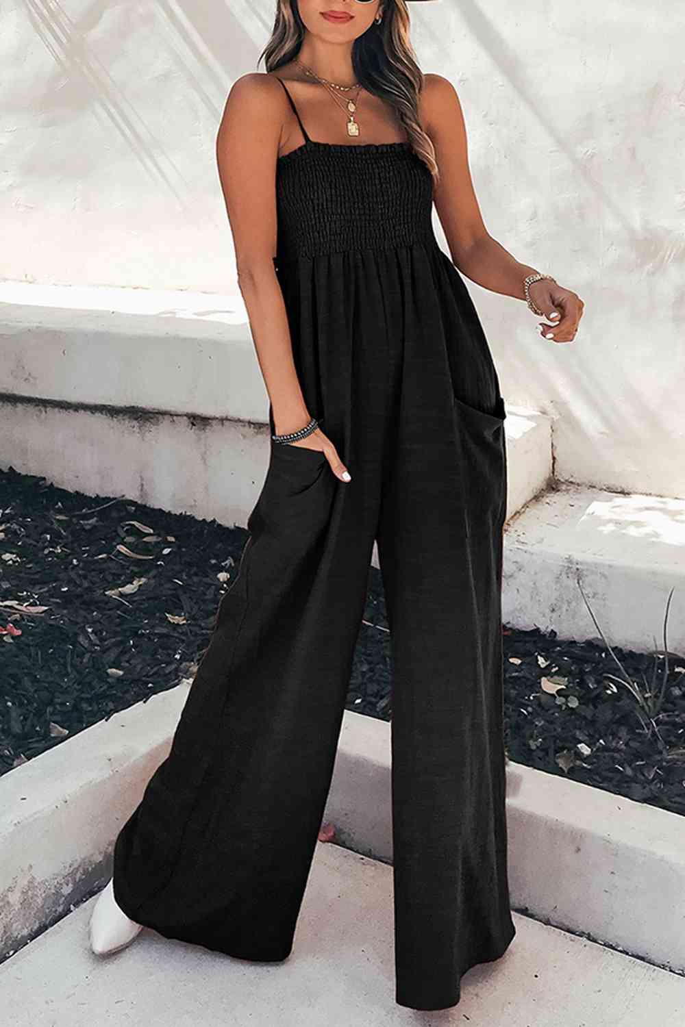 Spaghetti Strap Smocked Jumpsuit with Pockets